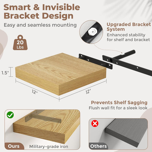 72 Inch Long Floating Shelves for Wall Set of 2, 12"D Wood Grain Bathroom Shelves with Invisible Brackets, Easy Install Engineered Wood Storage Shelves for Kitchen, Living Room, Bedroom, Black Finish