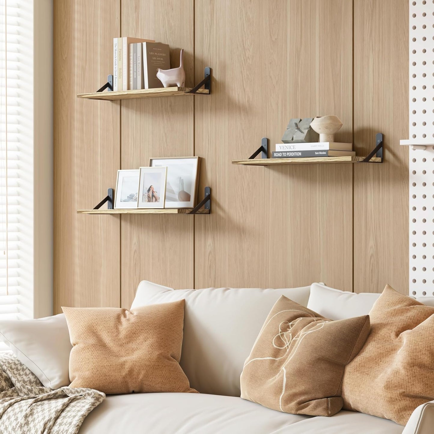 YGEOMER Brown Floating Shelves for Wall, 16.5 Inch Farmhouse Wall Shelves for Bedroom, Bathroom Storage, Living Room and Kitchen Decor (Set of 6 Brown)