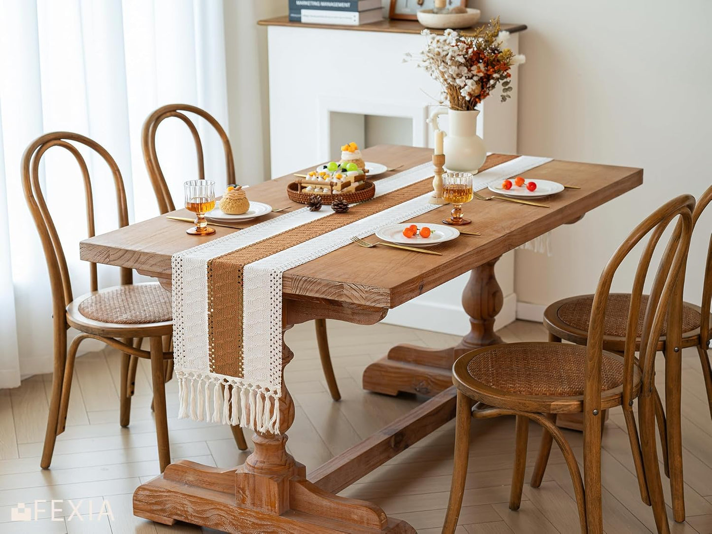 FEXIA Boho Table Runner for Thanksgiving Fall Christmas Home Decor with Tassels 72 Inches Long Pottery barn Furniture Farmhouse Rustic Macrame Burlap Table Decoration for Living Room (12x72 Inches)