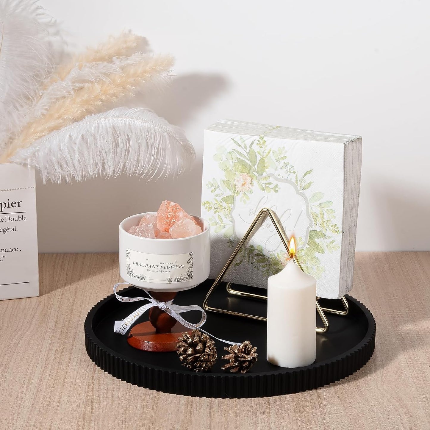 Silicone Bathroom Tray Round Kitchen Counter Organizer Decorative Vanity Accessories Coffee Table Decor for Perfume, Candle, Soap Dish, 9 Inch, Black