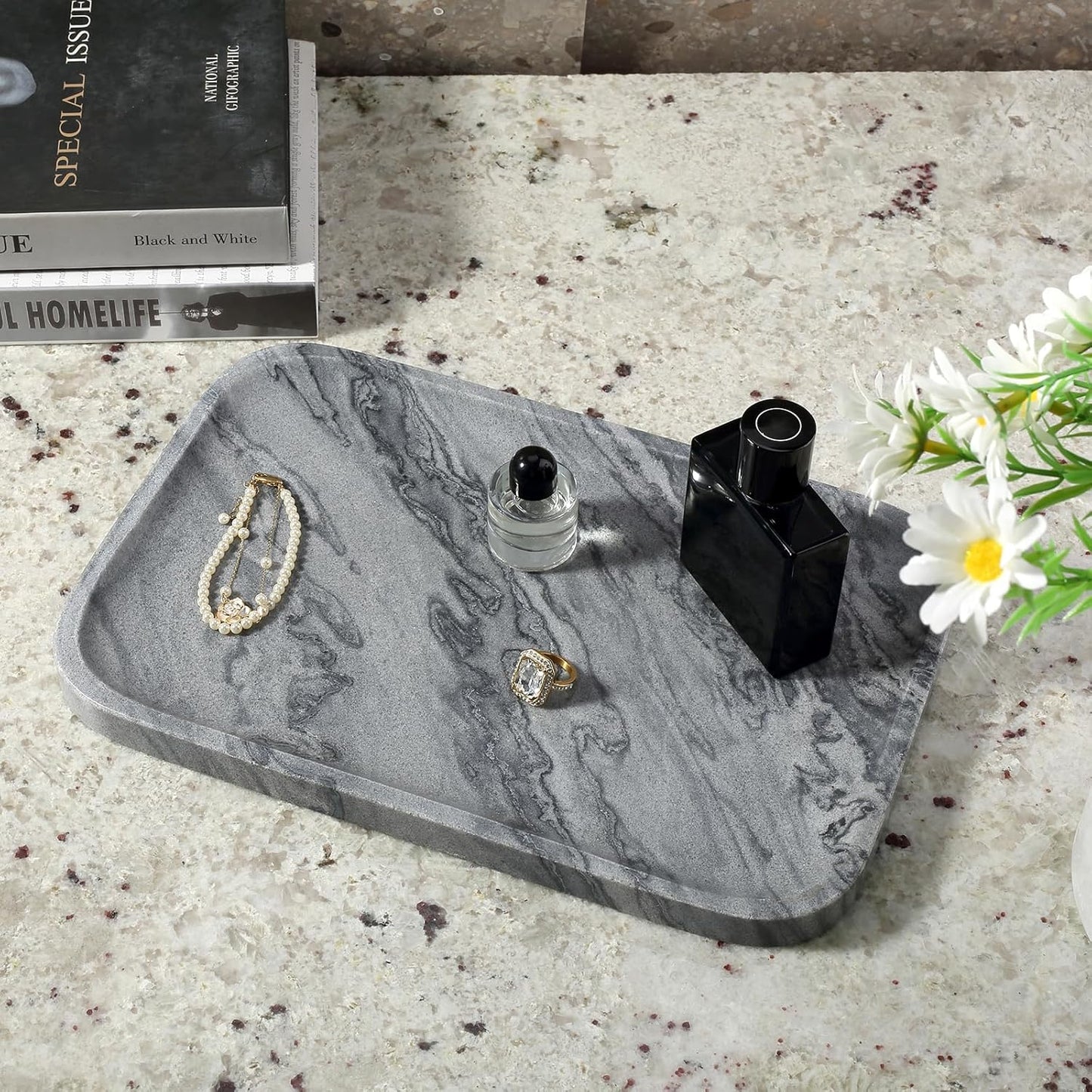 Koville Romano Travertine Tray, 12"x8" Natural Stone Vanity Tray for Countertop Bathroom Kitchen Dresser, Decorative Marble Catchall Trays for Perfume Jewelry, Rectangular Serving Tray(Beige)