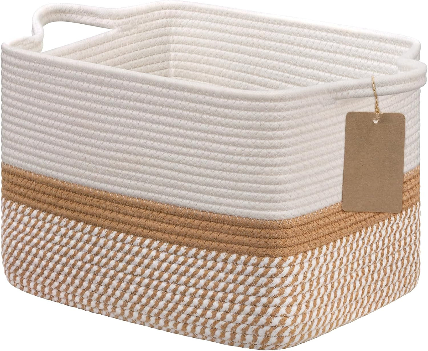 Goodpick Woven Storage Basket, Cotton Rope Basket for Dog Toys, Books, Stylish Gift Basket with Handles, 13 x 10 x 9 Inches Square Baskets for Organizing, Brown and White