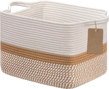 Goodpick Woven Storage Basket, Cotton Rope Basket for Dog Toys, Books, Stylish Gift Basket with Handles, 13 x 10 x 9 Inches Square Baskets for Organizing, Brown and White
