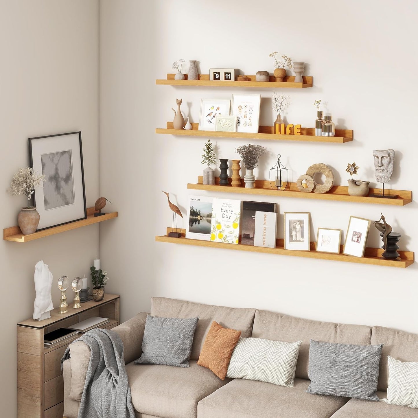 FLYJOE Picture Ledge Shelf, Floating Shelves Set of 2, 48 Inches Long Large Nursery Book Shelves for Toys Storage, Kids Bookshelf Wall Mounted for Living Room Bedroom Decor Books Photo Frames, Walnut