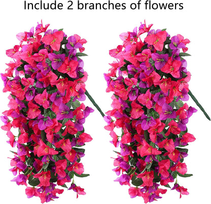 Faux Bougainvillea Artificial Flowers Plants for Outdoor Outside Decoration, 2 PCS Red Fake Flowers UV Resistant Look Real Silk Long Trailing Vines for Front Door Porch Planter Urn Patio Garden Yard