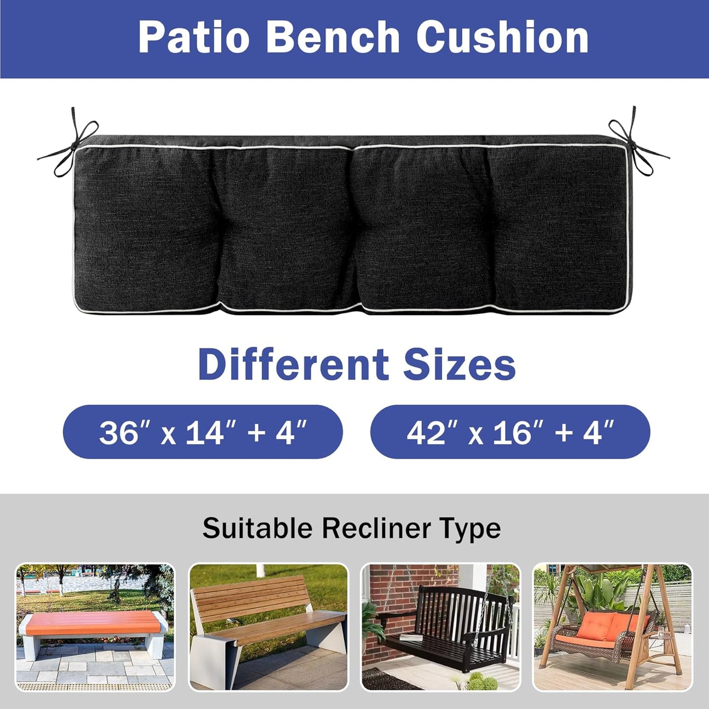 IPYNBAP Bench Cushion, 42 x 16 Inch Patio Furniture Cushions with Durable Ties, Soft Memory Foam Bench Cushions for Indoor/Outdoor Furniture with Non-Slip Bottom, Kitchen&Dining, Dark Grey