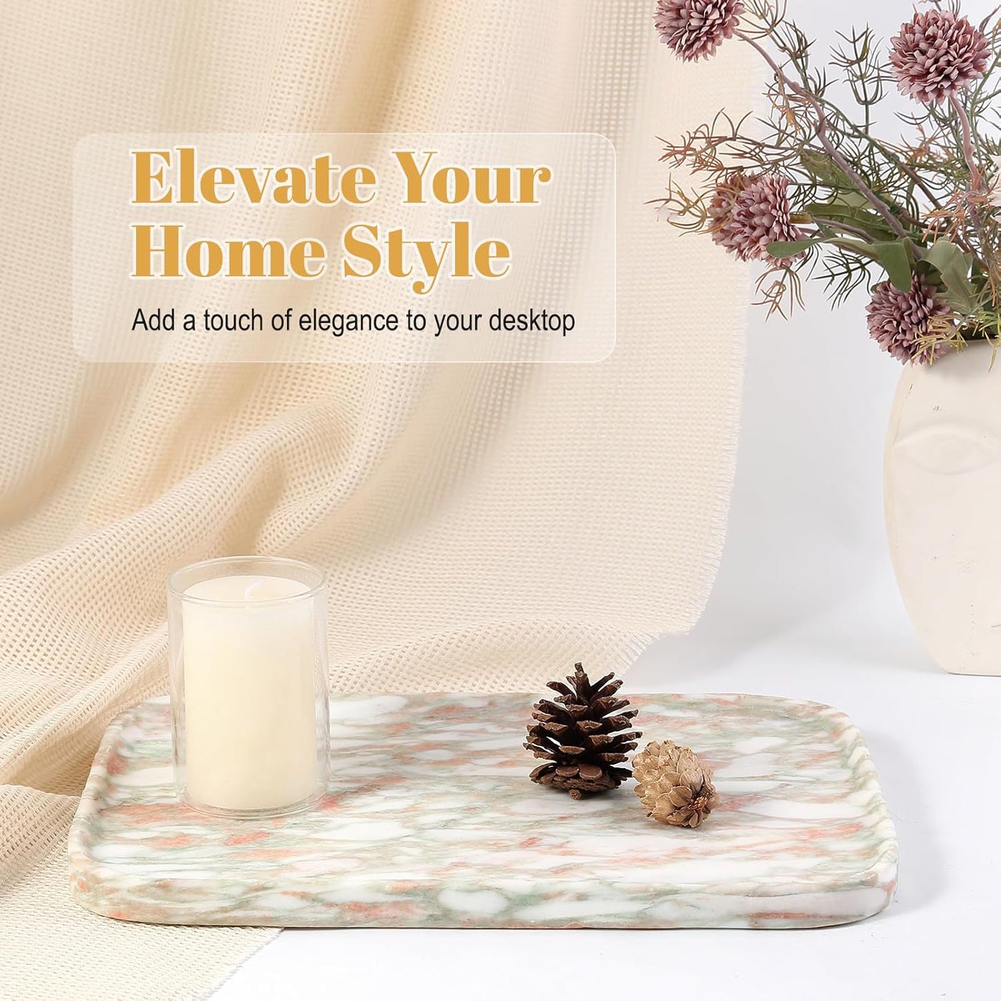 Koville Romano Travertine Tray, 12"x8" Natural Stone Vanity Tray for Countertop Bathroom Kitchen Dresser, Decorative Marble Catchall Trays for Perfume Jewelry, Rectangular Serving Tray(Beige)
