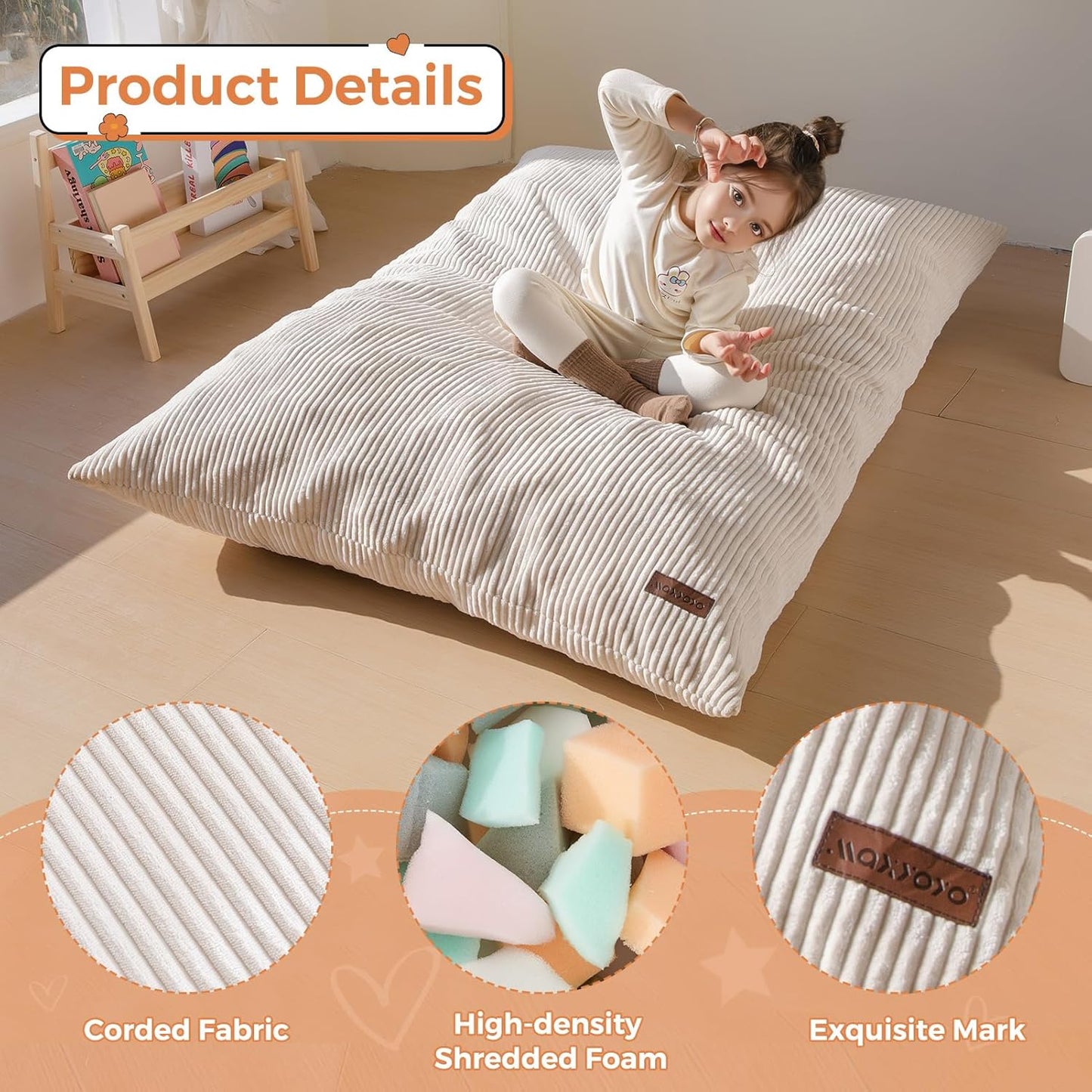 MAXYOYO 3 in 1 Kids Bean Bag Chair Couch, Convertible Chair Folds from Bean Bag to Lounger, Child Floor Sofa for Gaming, Reading, Floor Mattress with High-Density Foam Filling
