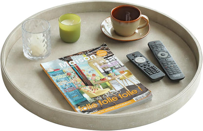 HofferRuffer Round Serving Tray 20'', Elegant Faux Leather Circle Ottoman Table Tray, Serve Tea Coffee Breakfast in Bedroom Living Room Kitchen (Brown)