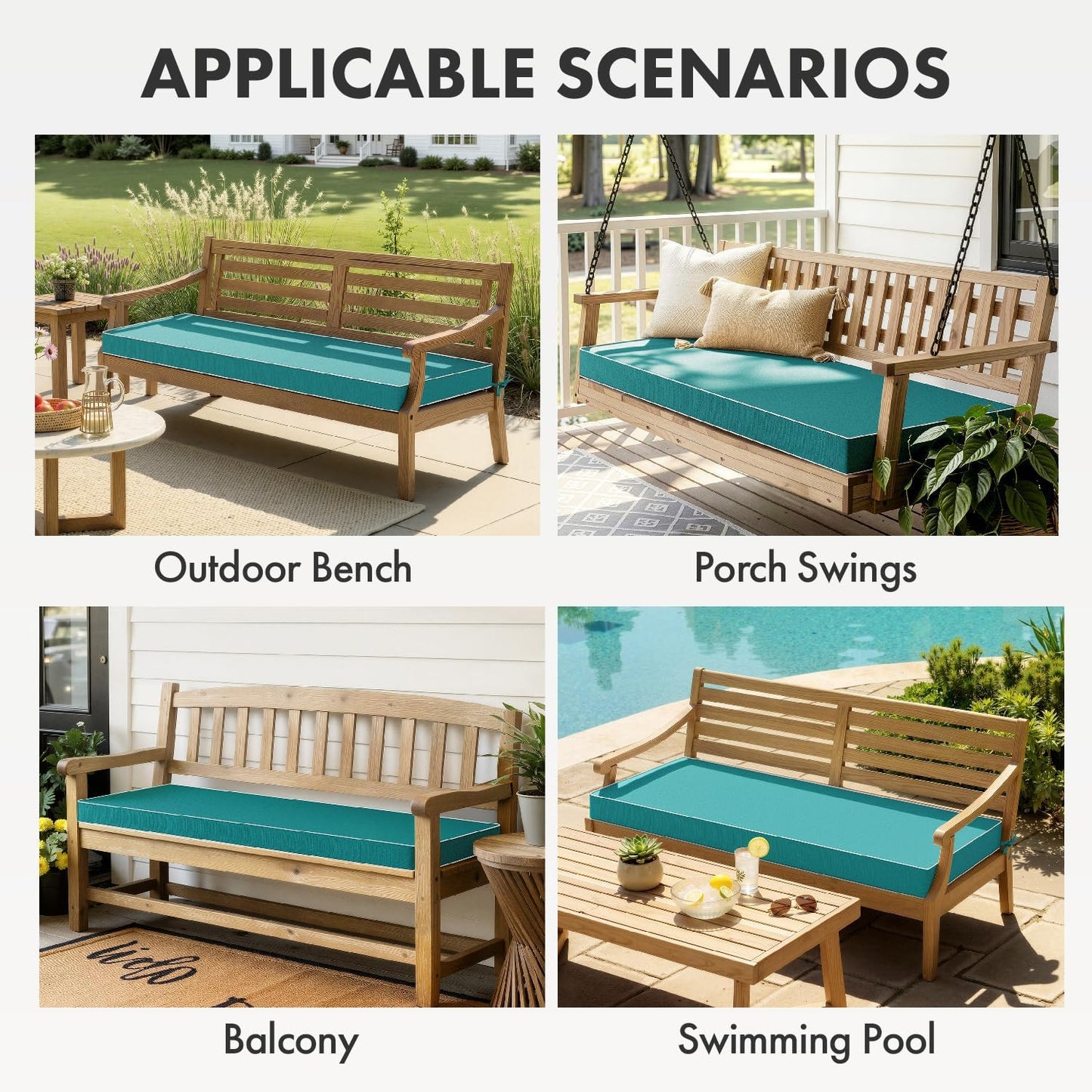 MIULEE Black Outdoor Bench Cushion 48x18x3 Inch Waterproof 3-Year Color Fastness Patio Furniture Cushions for Porch Swing, Garden Bench Sofa Couch with Adjustable Ties No Slip Design