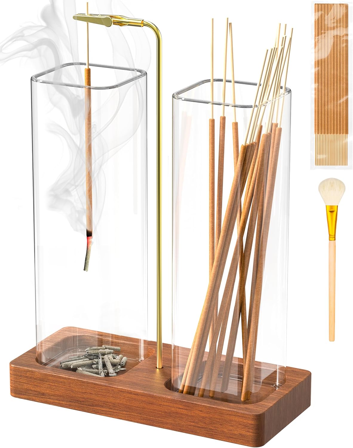 2 in 1 Incense Holder with 7.8" & 5.9" Glass Jars, Large Incense Holder for Sticks, Upside Down Incense Burner with Ash Catcher & Storage for Meditation Yoga Spa Home Decor - 20 Incense Sticks & Brush