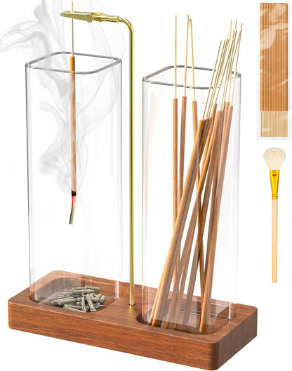 2 in 1 Incense Holder with 7.8" & 5.9" Glass Jars, Large Incense Holder for Sticks, Upside Down Incense Burner with Ash Catcher & Storage for Meditation Yoga Spa Home Decor - 20 Incense Sticks & Brush