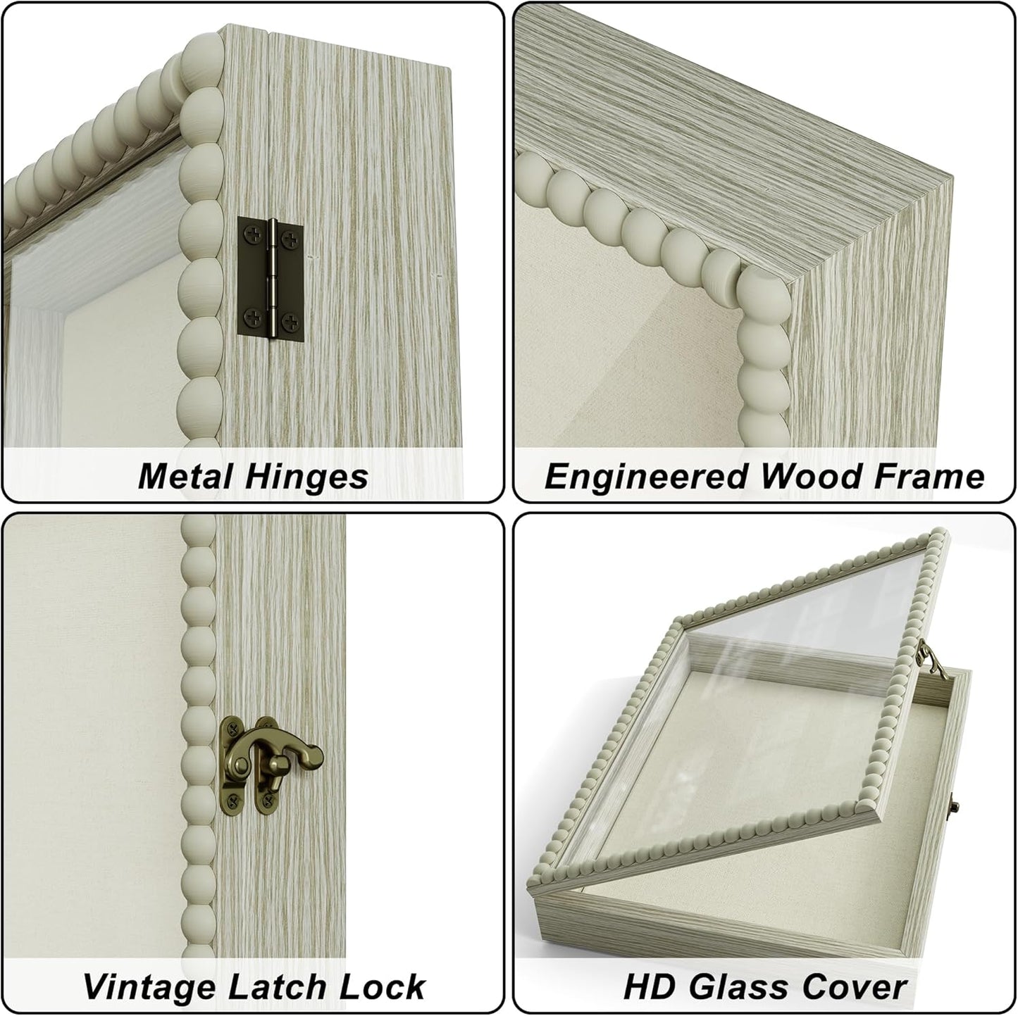 Love-KANKEI Shadow Box Frame 11x14, Deep Large Shadow Box Display Case with Unique Beads Door and Glass Window, Wood Memory Box for Pictures,Medals,Memorabilia,Collections White
