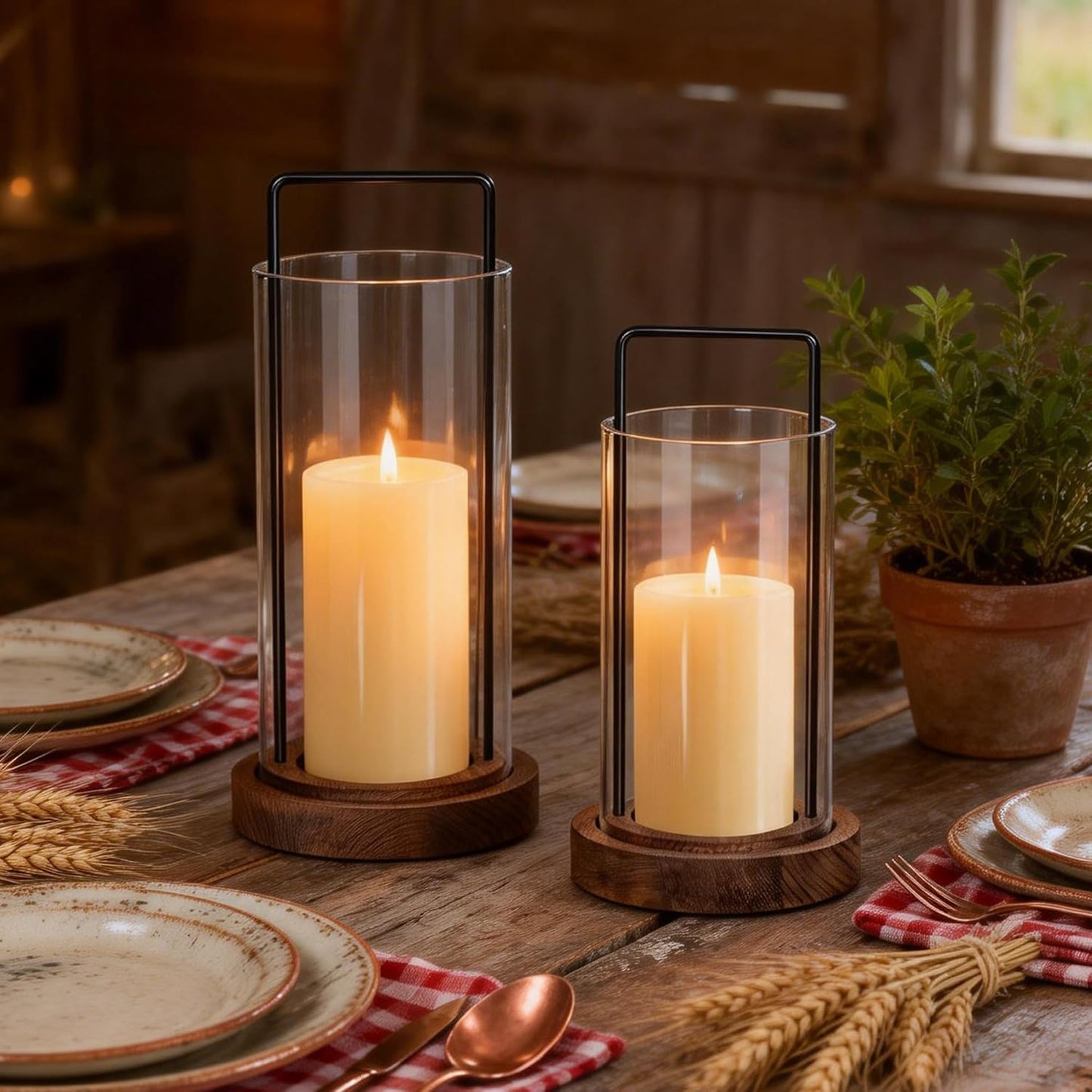 Houmury Set of 2 Hurricane Candle Holders Lantern 12” & 10”with Wood Base Metal Handle Glass Cylinder Modern Farmhouse Decor for Home Decoration, Table Centerpieces (Warm Amber Brown)