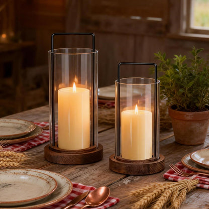 Houmury Set of 2 Hurricane Candle Holders Lantern 12” & 10”with Wood Base Metal Handle Glass Cylinder Modern Farmhouse Decor for Home Decoration, Table Centerpieces (Warm Amber Brown)