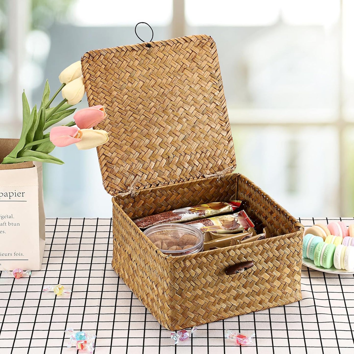 Hipiwe Seagrass Basket with Lid Wicker Storage Basket Square Handwoven Decorative Baskets Box for Shelf Multipurpose Household Baskets Home Decor,X-small