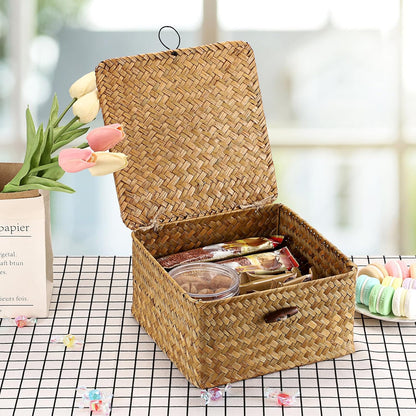 Hipiwe Seagrass Basket with Lid Wicker Storage Basket Square Handwoven Decorative Baskets Box for Shelf Multipurpose Household Baskets Home Decor,X-small