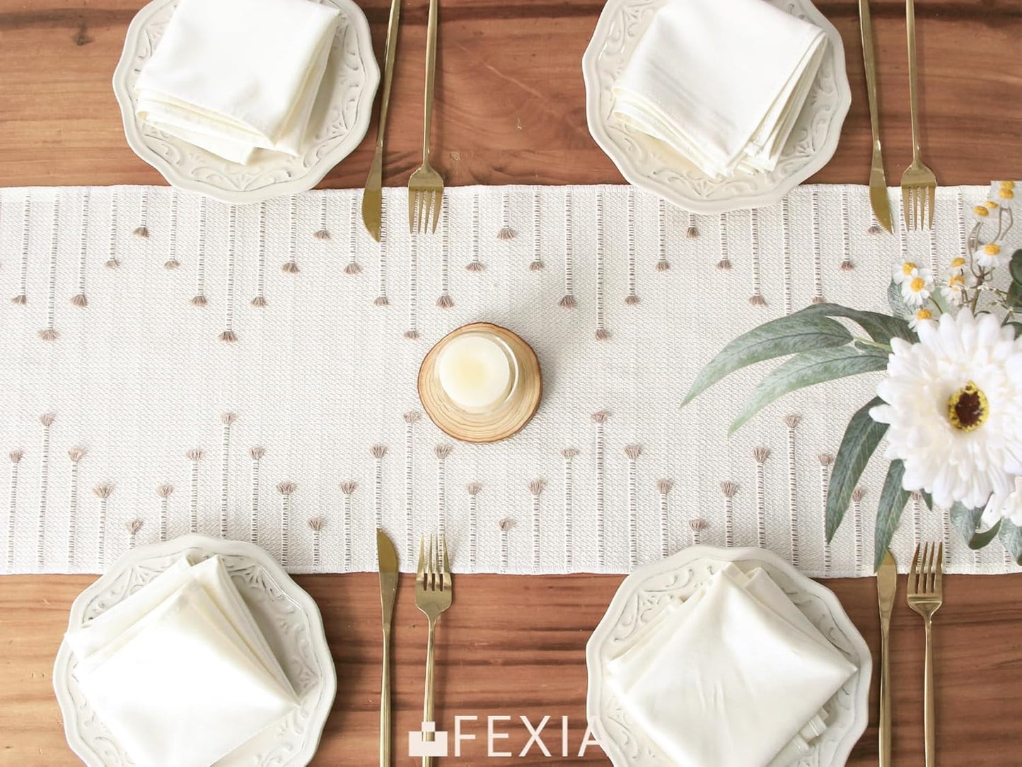 FEXIA Boho Table Runner for Thanksgiving Fall Christmas Home Decor with Tassels 72 Inches Long Pottery barn Furniture Farmhouse Rustic Macrame Burlap Table Decoration for Living Room (12x72 Inches)