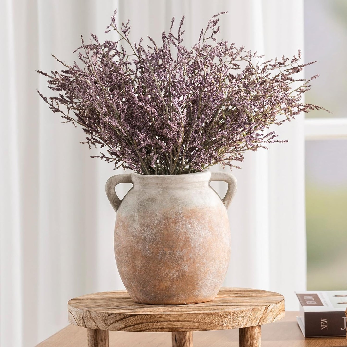 Dobbyby Ceramic Flower Vase 7.6 inch Farmhouse Rustic Vase Decorative Pottery Terracotta Vases for Home Decor Table Mantle Fireplace Living Room Bathroom Wedding Centerpiece (Whitewashed)