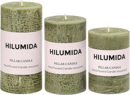 Sage Green Pillar Candles Set of 3 - Hand-Poured Unscented Candles,Smokeless Dripless Candles for Dinner Table and Home, Set of 3 in Different Sizes (3"x4", 3"x5", 3"x6")
