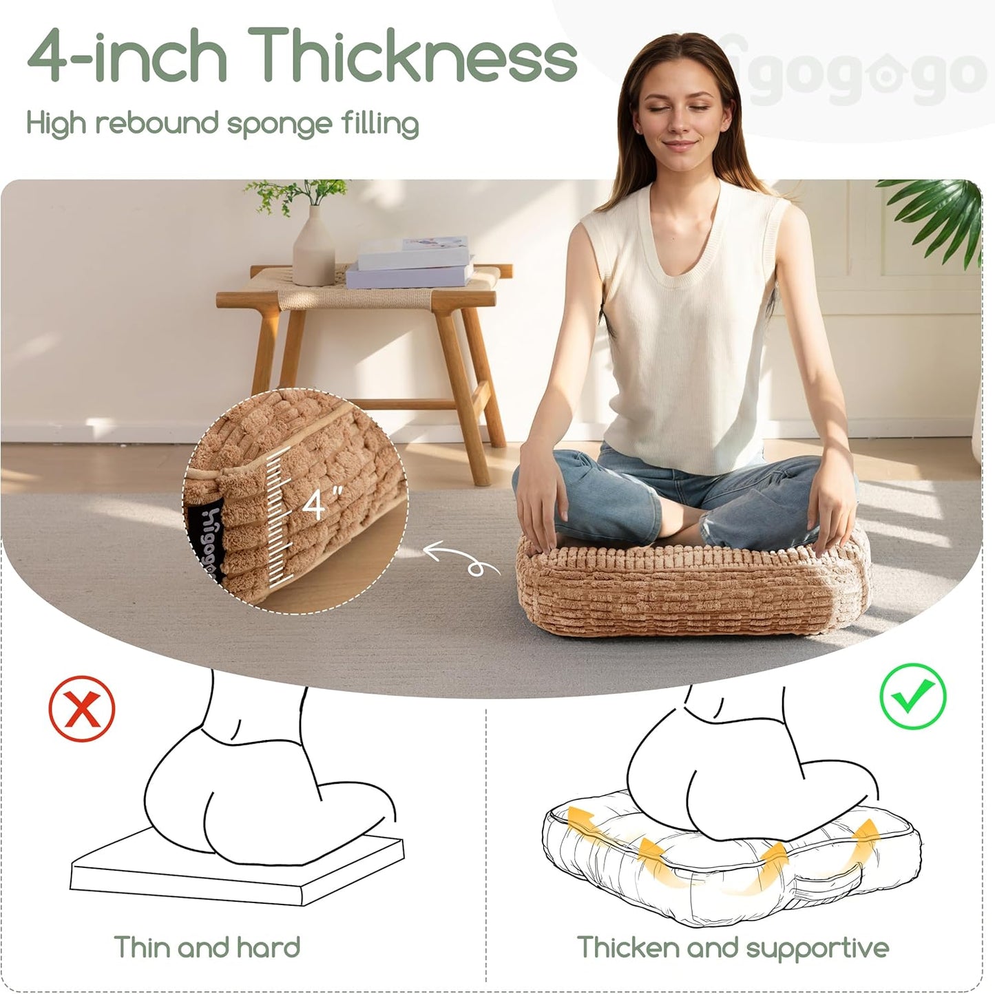 HIGOGOGO Floor Pillow Cushion for Adults, Meditation Cushion Pillow, Blended Corduroy Cover, Large Square Floor Sitting for Tatami Living Room or Yoga, 22x22 Inch, Beige