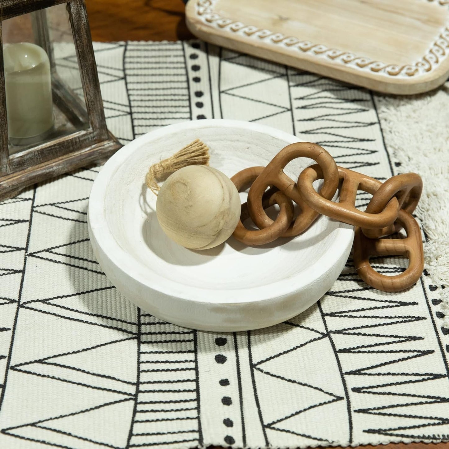COLLECTIVE HOME - Paulownia Wood Hand Carved Tray, Fruit Snack Holder, Decorative Bowl, Rustic Home Decor Accessories for Coffee Table, Living Room, Wedding Centerpiece, 10" (washed white)