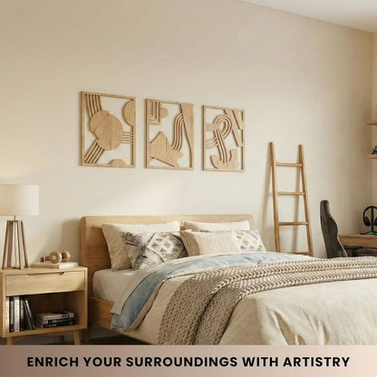 qmmp Modern Wooden Wall Sculptures - Set of 3 - Home Decor Accent - Large Wall Art for Living Room, Bedroom, Office - Easy Installation (Oak, Medium - Mountain and Sun)