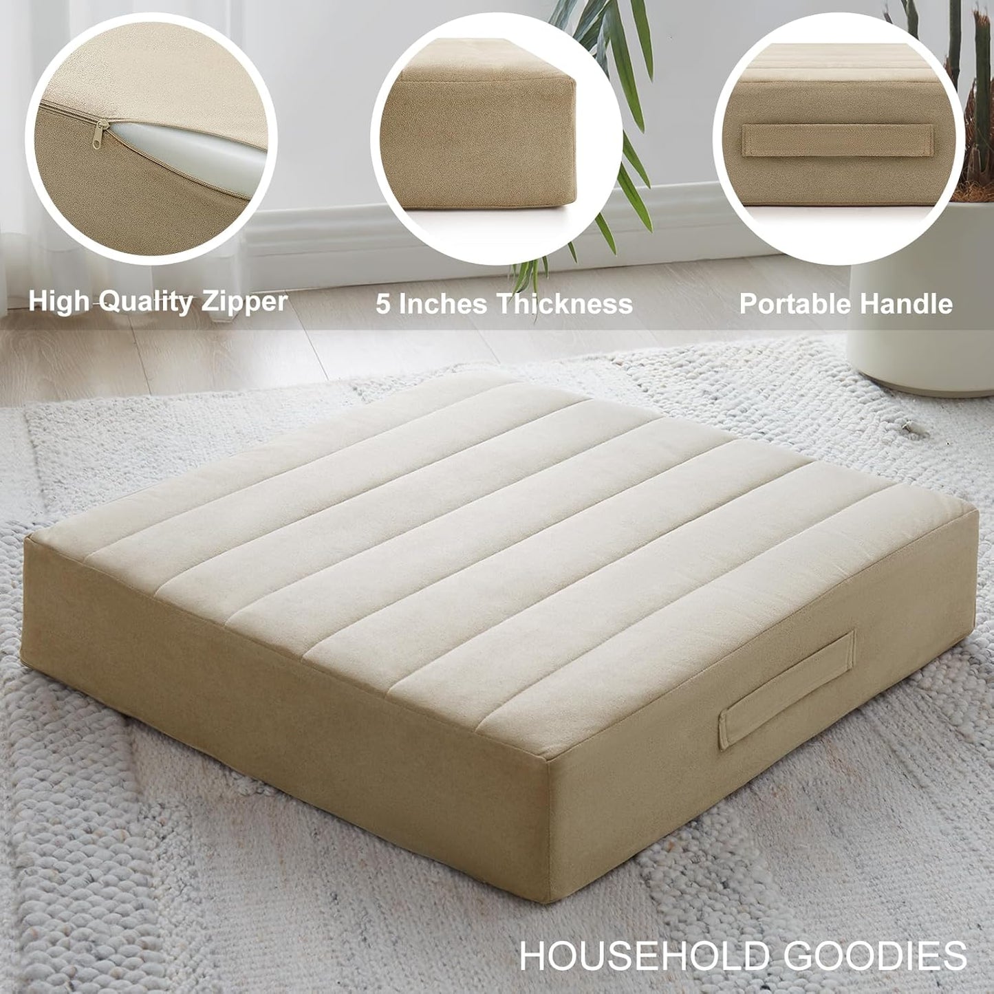 JKMAX 2 Pcs High Density Foam Floor Pillow - Upgraded Large Pillows Seating for Adults - Outdoor Floor Cushion with Soft Tufted Cover - Yoga Pillows for Sitting On Floor - 22 Inch Light Gray