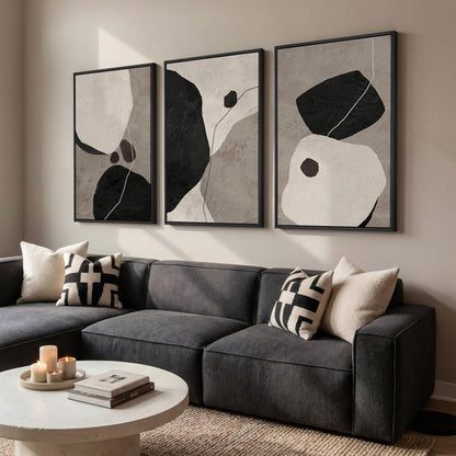 Large Framed Neutral Abstract Wall Art for Living Room, 3 Piece Modern Canvas Prints Paintings Artwork for Walls, Black and Beige Pictures for Living Room Hallway Stair Office Wall Decor 24x36 Inch