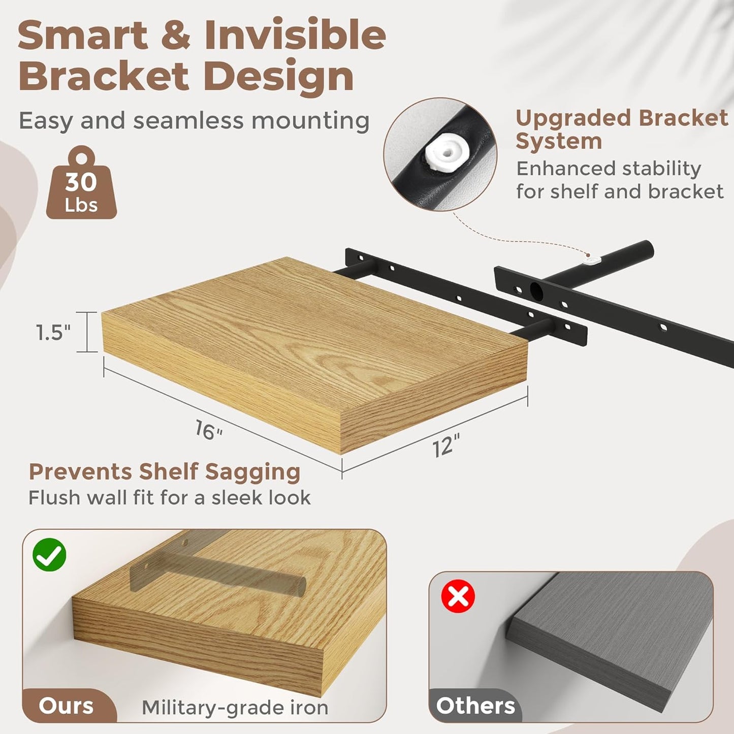 72 Inch Long Floating Shelves for Wall Set of 2, 12"D Wood Grain Bathroom Shelves with Invisible Brackets, Easy Install Engineered Wood Storage Shelves for Kitchen, Living Room, Bedroom, Black Finish
