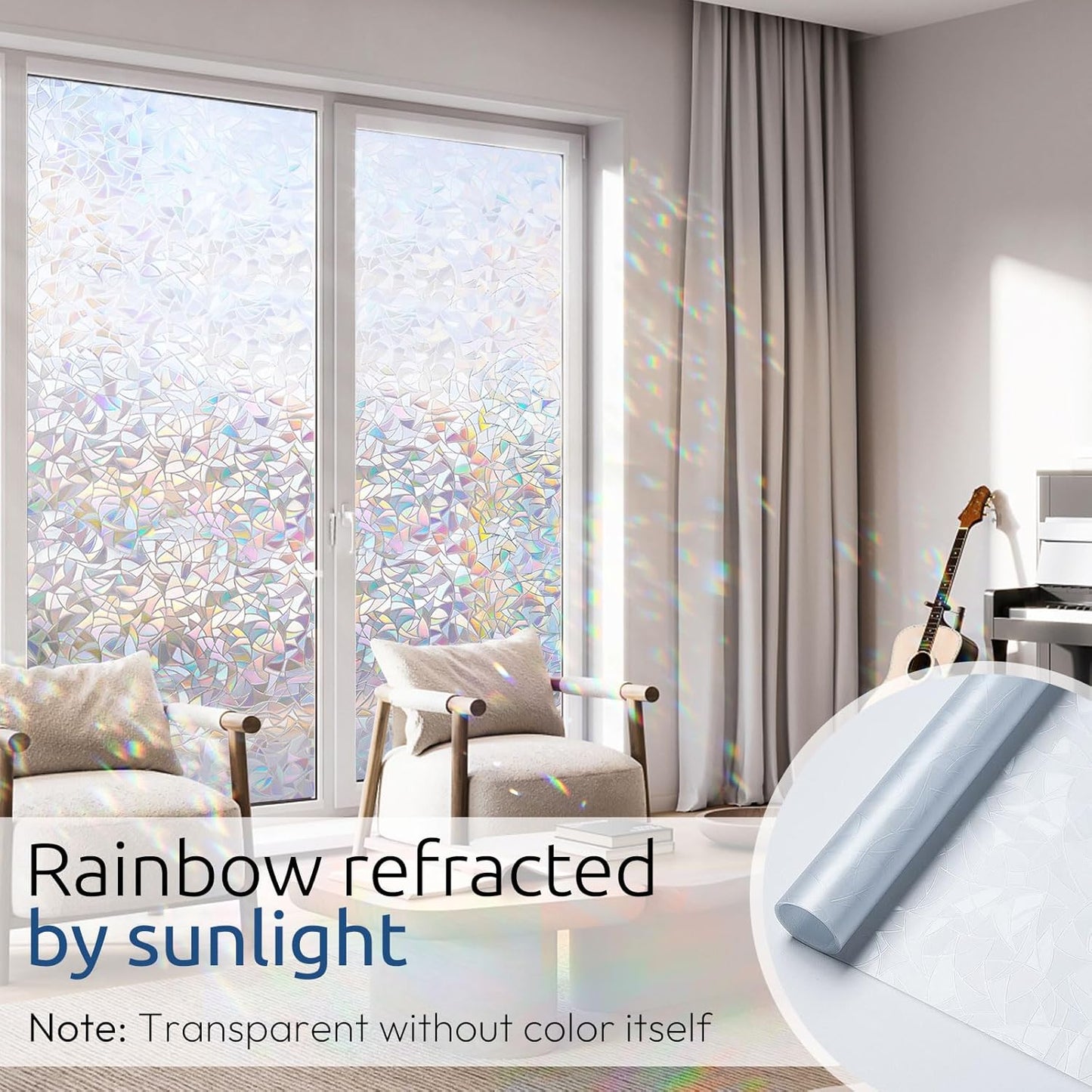 rabbitgoo Window Privacy Film Rainbow Film Decorative Window Sticker, 3D Static Stained Glass Cling Tint for Home Heat Control Non-Adhesive, 17.5 x 78.7 inches