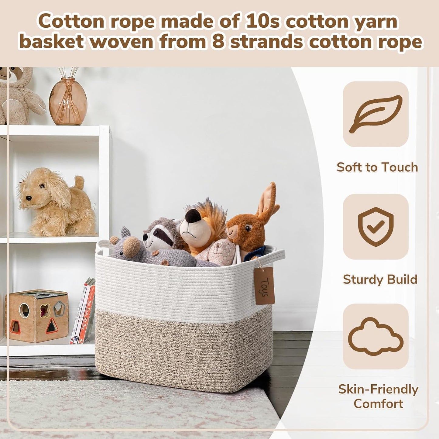 Goodpick Woven Storage Basket, Cotton Rope Basket for Dog Toys, Books, Stylish Gift Basket with Handles, 13 x 10 x 9 Inches Square Baskets for Organizing, Brown and White