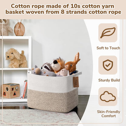 Goodpick Woven Storage Basket, Cotton Rope Basket for Dog Toys, Books, Stylish Gift Basket with Handles, 13 x 10 x 9 Inches Square Baskets for Organizing, Brown and White