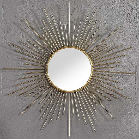 24'' Large Gold Sunburst Mirror, Metal Starburst Mirrors, Mid-Century Modern Sun Mirror Wall Decor for Living Room, Bedroom, Bathroom, Hallway, and Entryway