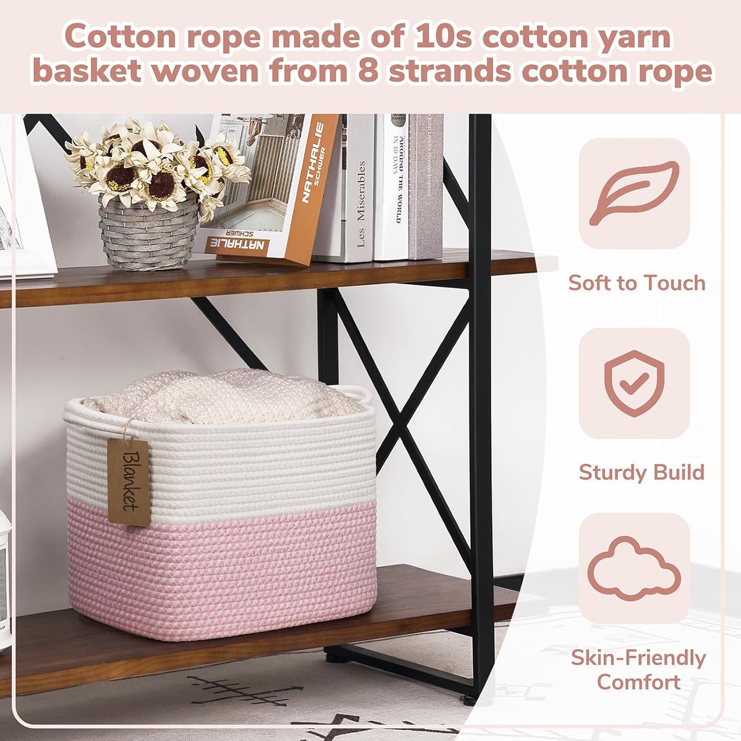 Goodpick Woven Storage Basket, Cotton Rope Basket for Dog Toys, Books, Stylish Gift Basket with Handles, 13 x 10 x 9 Inches Square Baskets for Organizing, Brown and White