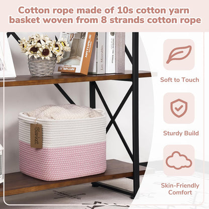 Goodpick Woven Storage Basket, Cotton Rope Basket for Dog Toys, Books, Stylish Gift Basket with Handles, 13 x 10 x 9 Inches Square Baskets for Organizing, Brown and White
