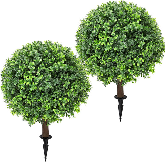 Artificial Red Eucalyptus Topiary Ball Tree 24" with Ground Spike, Set of 2 Artificial Boxwood Bushes for Faux Shrubs, Fake Evergreen Faux Plant for Indoor Outdoor Garden -UV Resistant–Fade-Proof