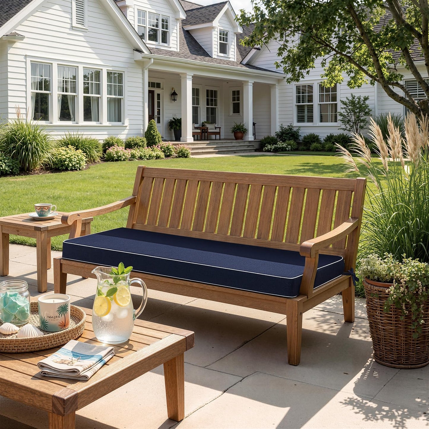 MIULEE Beige Outdoor Bench Cushion Set of 1, 48x18x3 Inch Waterproof Patio Seat Cushions for Swing and Outdoor Furniture Couch Sofa, 3 Year Color Fastness High Density Foam with Adjustable Ties