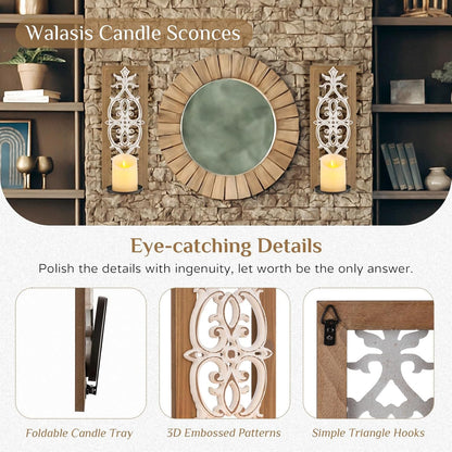 Farmhouse Wood Candle Sconces Wall Decor - Set of 2 Walasis Rustic Wall Candle Holder Decorative Carved Brown Candle Sconce Farmhouse Art Distressed Pillar Candles Holder for Fireplace Decor