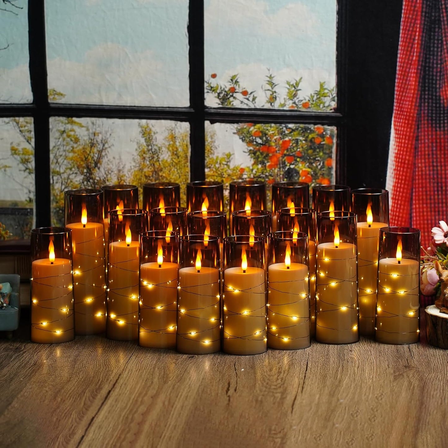 Nimiko Flickering Flameless LED Candles, 9 Pcs with Embedded Star String, Acrylic LED Pillar Candles with Remote, Suitable for Home Decoration (White)