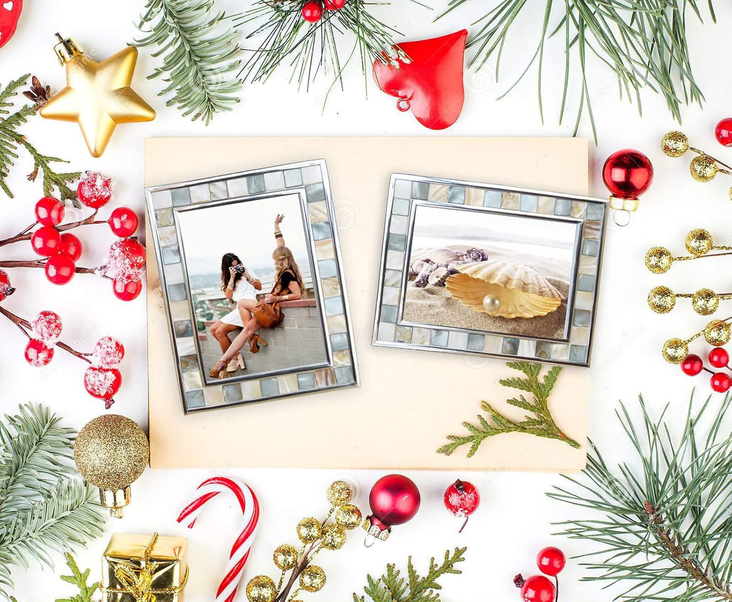 Silver Plate Picture Frame 5x7 Mother of Pearl 5 by 7 Photo Frame Mosaic Glass Tabletop Frame (Grey+ White,1pc)