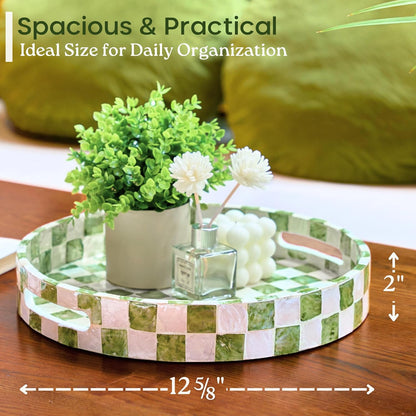 CHI AN HOME 15.8" x 11.8" Decorative Rectangular Tray with Natural Capiz Shells, Checkered Tray with Handles, Serving Tray for Ottoman, Coffee Table, Kitchen Counter Home Decor (Pistachio Green)
