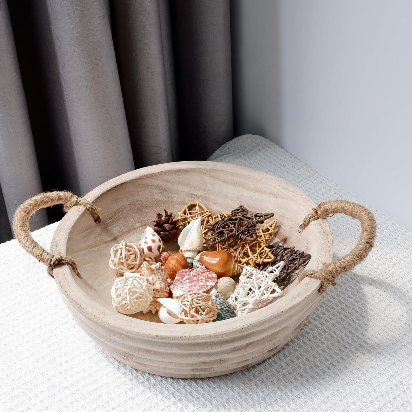 Wooden Decorative Bowls, 11.2 Inch Premium Round Serving Bowl with Rope Handles for Home Decor, Round Paulownia Wood Centerpiece Bowl for Coffee Table(Natural)