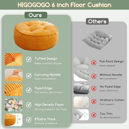 HIGOGOGO 6" Extra Thick Floor Pillow Cushion for Adults, Meditation Cushion Pillow, Large Square Floor Sitting, Tufted Corduroy Cover, for Tatami Living Room or Yoga, 22x22 Inch, 2Pack, Dark Grey