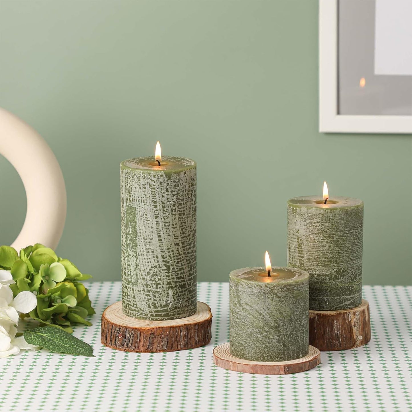 3x6 Inch Sage Green Pillar Candles Set of 3 - Unscented Spring, Long Clean Burning, Large Smokeless Dripless for Home Decor, Dinner Table, Bathroom, Rustic Decor