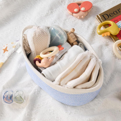 Small Woven Gift Basket Empty with Bag & Ribbon - Gifts for Mom, Baby Shower, Birthdays & Raffle - Cotton Rope Storage Basket for Dog Toys or Shelf - 12"x8"x5", White