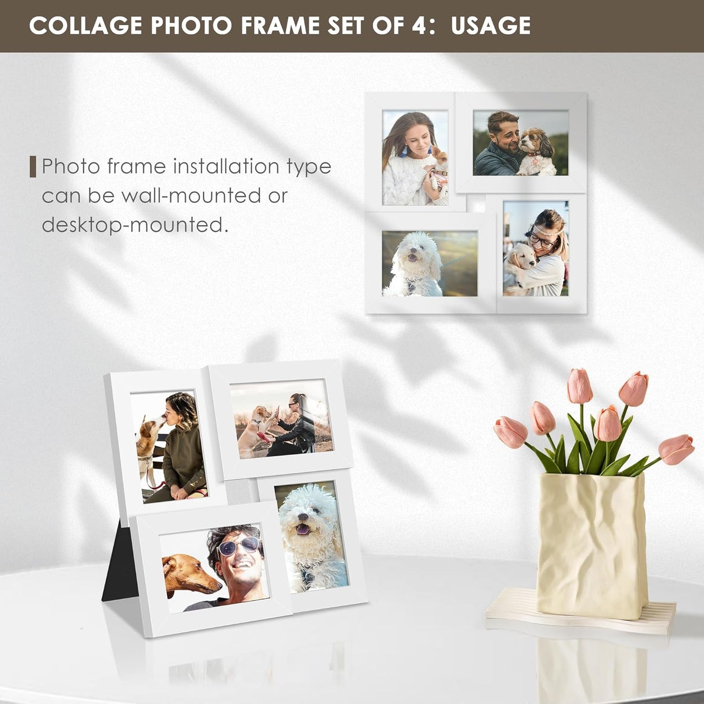 DUENPY 4x6 Collage Picture Frame Tempered Glass Front, Displays Four 4x6 Photo, Family Photo Collage Frame, Wall Decor Wall Hanging or Tabletop, Brown