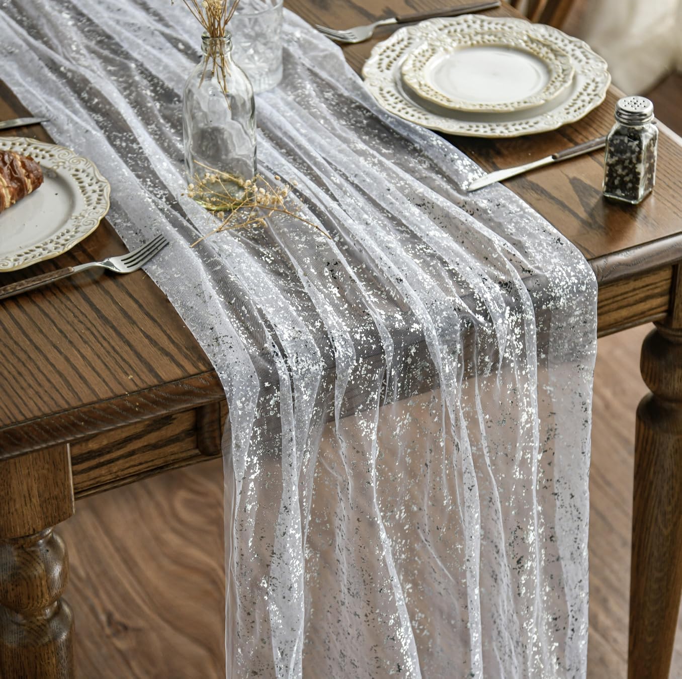 Artoid Mode Beige Gold Gauze Table Runner 120 Inch 10FT, Glitter Metallic Foil Sheer Dining Wedding Anniversary Holiday Birthday Table Decor for Home Party