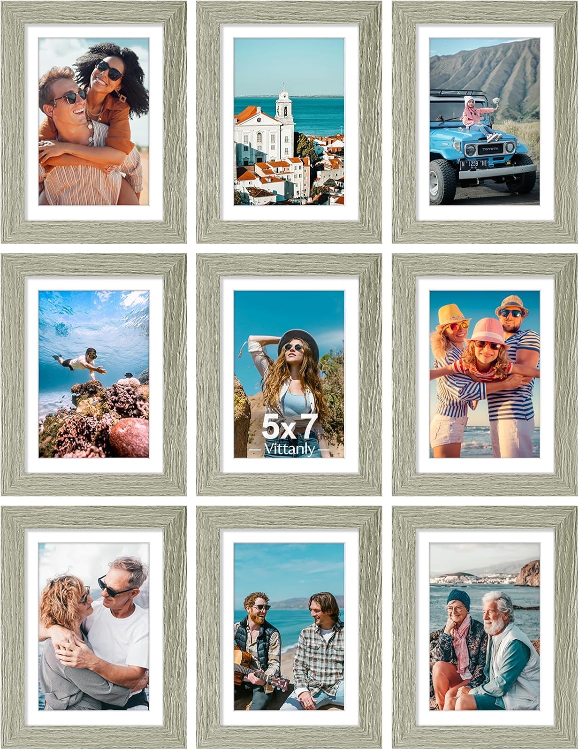 Vittanly 8x10 Picture Frames Set of 9, Shatter Resistant Plexiglass, Display 5x7 Pictures with Mat or 8x10 without Mat, Photo Frames for Wall or Tabletop, Engineered Wood, Black - Colors B