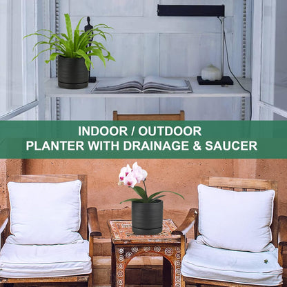 HERDUK 6 Inch Plant Pots, Ceramic Planter Pot with Drainage Hole & Saucer, Indoor/Outdoor Cylinder Round Planter Pot, Green & Beige